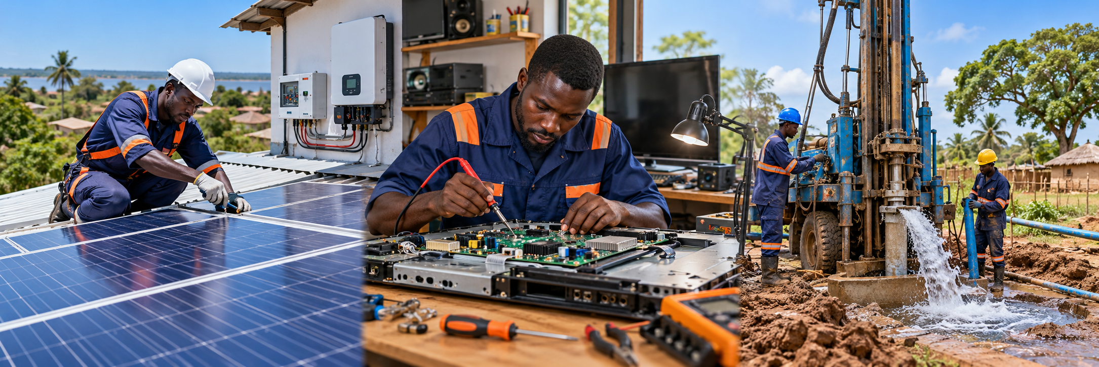 Technicians working on solar panels, electronics repair and borehole drilling