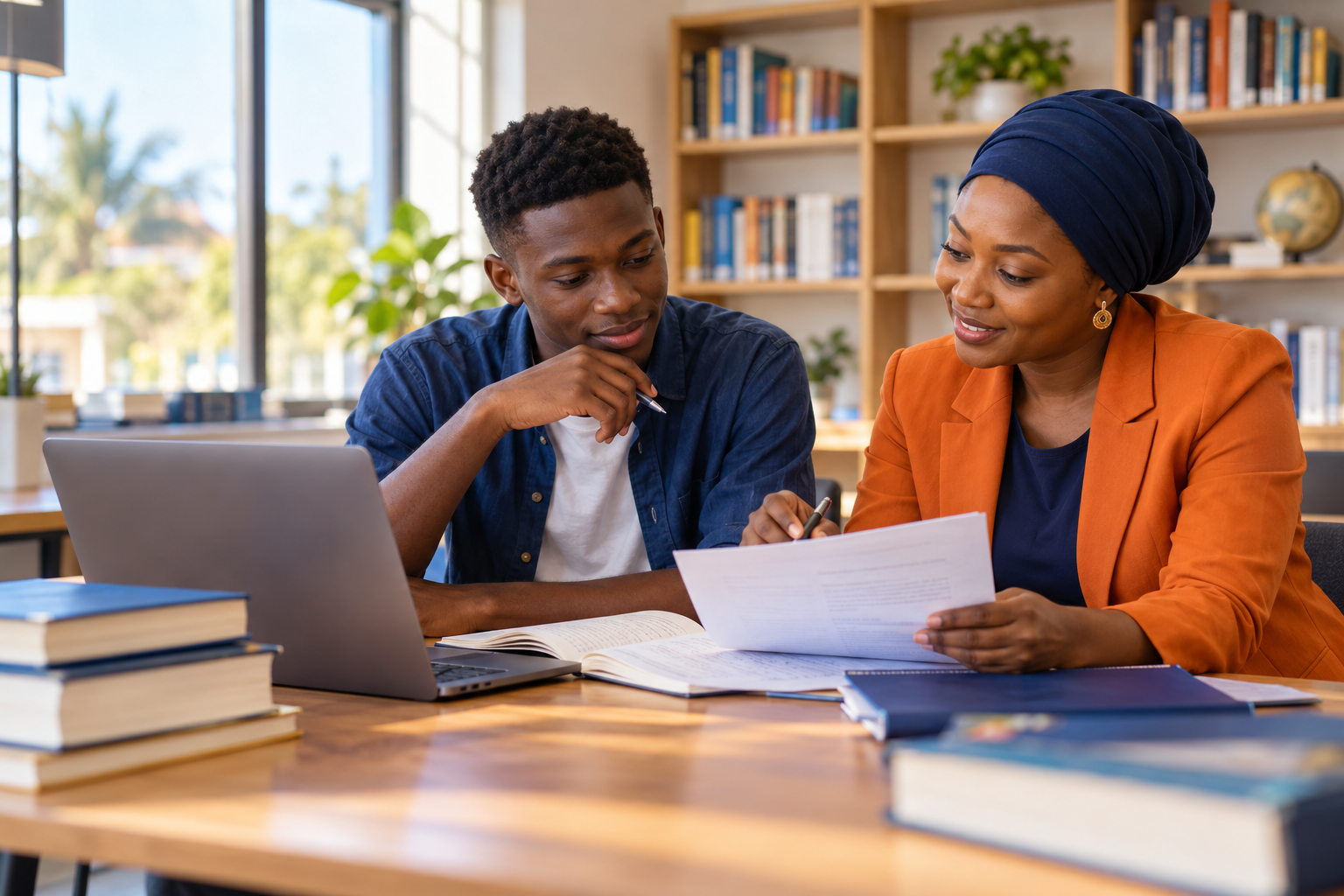 A student meeting with an education adviser to review study documents